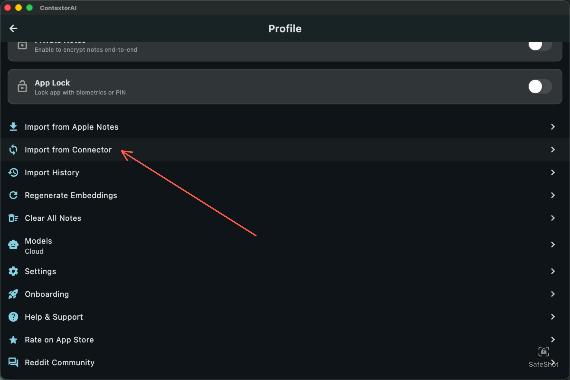 Profile screen — Import from Connector
